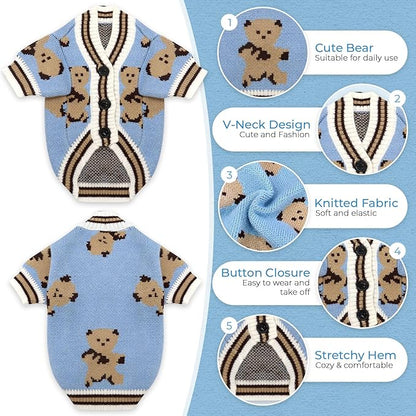 PETCARE Small Dog Sweater Cute Bear Dog Cardigan Coat Clothes for Small Medium Dogs Boy Girl Cat Sweaters Clothes for Cats Only Soft Warm Fall Winter Puppy Knitted Outfits Chihuahua Shih Tzu, Blue