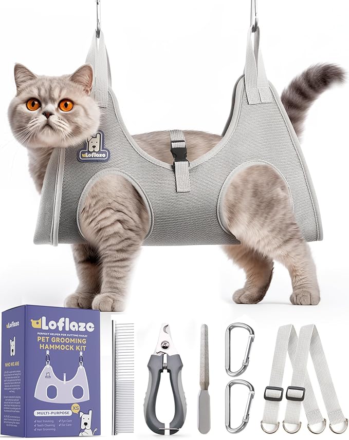 Loflaze Dog Grooming Hammock Harness for Dogs & Cats with Pet Nail Clipper Trimmer - Cat Hanger Sling for Trimming Clipping Nails- Dog Hammock Restraint Bag for Small Medium Large pet （ Grey XS）