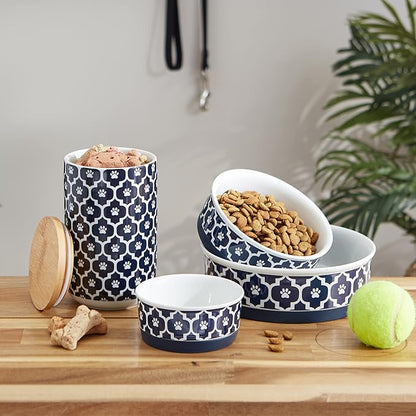 Bone Dry Lattice Collection Pet Bowl & Canister, Medium Set, 6x2 inches, Nautical Blue, 2 Piece
