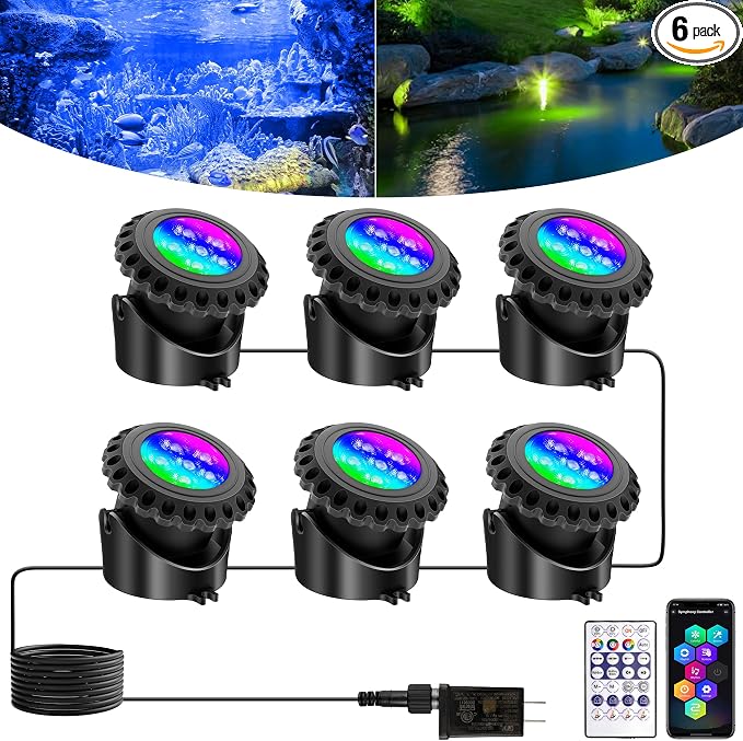 T-SUN Colored Underwater Pond Lights with APP & Remote Control 6 Pack | IP68 Waterproof Submersible Fountain Lights, Dimmable Timer Pond Lights Led Underwater for Outdoor Pond Fish Aquarium Garden
