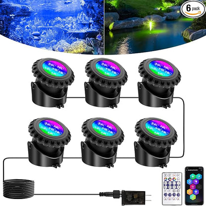 T-SUN Colored Underwater Pond Lights with APP & Remote Control 6 Pack | IP68 Waterproof Submersible Fountain Lights, Dimmable Timer Pond Lights Led Underwater for Outdoor Pond Fish Aquarium Garden