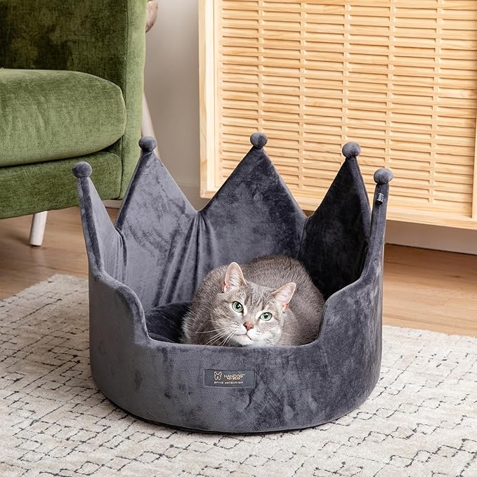 NANDOG Crown Dog Bed for Small Dogs & Cats – Soft Plush Round Pet Bed, Cozy Royal Design, Comfortable Indoor Puppy Bed for Crate or Kennel, Dark Gray, Medium