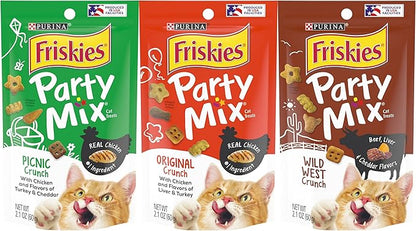 Friskies Purina Party Mix Cat Treats Variety Pack, 1 Pouch Picnic Crunch, 1 Pouch Original Crunch, 1 Pouch Wild West Crunch, 2.1 Ounce Pouches (Pack of 3)