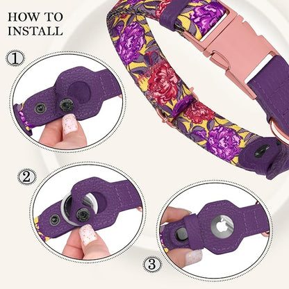 AirTag Dog Collar for Small Medium Large Breed - Adjustable Cute Pattern Dog Collar with Airtag Holder - Soft Leather Tracker GPS Apple Air Tag Pet Collars (Small, 12"-15" Neck Fit, Peonies)