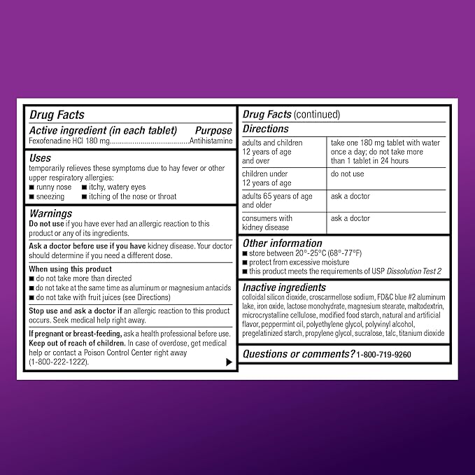 Amazon Basic Care Allergy Relief, 24 Hour, Fexofenadine Hydrochloride 180 mg, Non-Drowsy Antihistamine, Cool Mint Coated Tablets, 70 Count (Pack of 2)