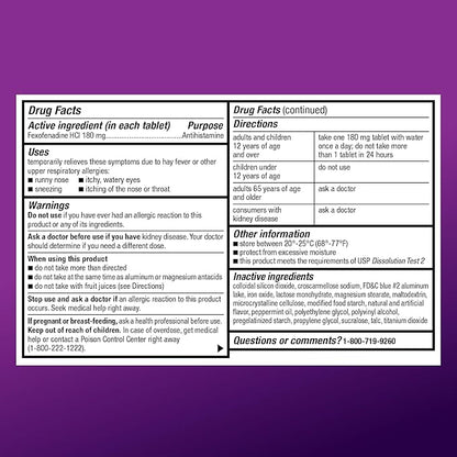 Amazon Basic Care Allergy Relief, 24 Hour, Fexofenadine Hydrochloride 180 mg, Non-Drowsy Antihistamine, Cool Mint Coated Tablets, 70 Count (Pack of 2)