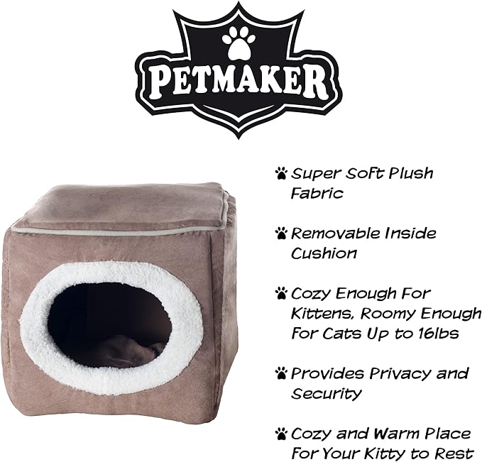 Cat House - Indoor Bed with Removable Foam Cushion - Cat Cave for Puppies, Rabbits, Guinea Pigs, and Other Small Animals by PETMAKER (Light Brown) (Pack of 2)