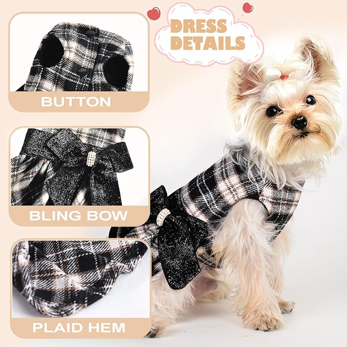 Yikeyo Dog Sweater Dress, Winter Plaid Dog Dress for Small Dogs Girl, Winter Warm Fleece Lining Female Small Dog Clothes, Pet Outfits Coat, Cat Apparel for Holiday, New Year, Valentine’s Day,XS,Black