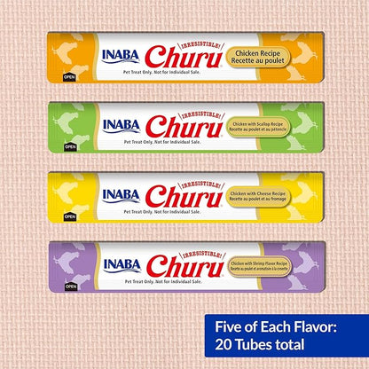 INABA Churu Cat Treats, Lickable, Squeezable Creamy Purée Cat Treat with Green Tea Extract & Taurine, 0.5 Ounces Each Tube, 20 Tubes, Chicken Variety Bag