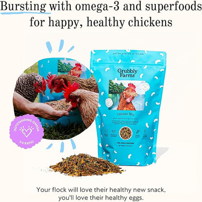 Grubbly Farms Omega Mix Chicken Treats for Laying Hens - Superfood and Omega-Rich Chicken Feed Supplement to Support Egg Production, Strong Eggshells and Nutritious Yolks - 1LB