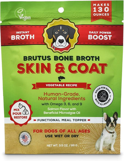 Brutus Broth Dog Food Topper - Instant Broth Powder with Omegas 3,6,9 from Microalgae Oil for Skin and Coat - Human-Grade Quality, Serve Dry or Wet - Vegetable Flavor, 3.5 oz (Pack of 1)