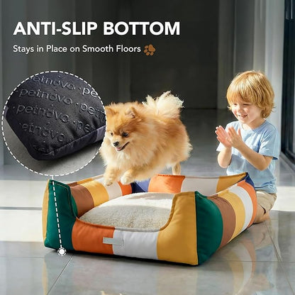 PETNOVO Dog Bed Small Dogs – Removable Washable Cover, Reversible Fleece Cushion, Non-Slip Bottom, Colorful Rainbow Pattern, Gift Box, 25.6 × 17.7 × 7.1 in