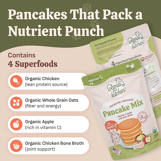 Rondi's Kitchen Organic Dog Pancake Mix - Natural Healthy Treat for All Dogs - Superfood Snack Made with Human-Grade Ingredients - Makes About 38 Pancakes - Chicken & Apple with Bone Broth