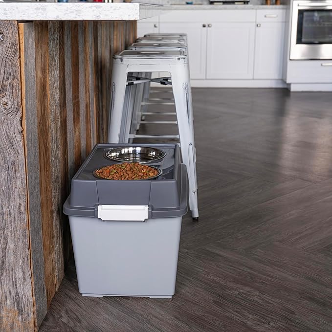 IRIS USA Dog Bowls Elevated with Storage, 15" H Raised Feeding Station, Dog Bowl Stand with Airtight Food Storage Holds 47 lbs, 2 Removable 64 oz Stainless Steel Bowls for Large Dogs, Smoke/Black