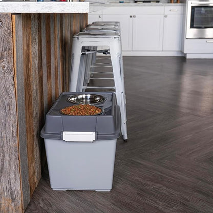 IRIS USA Dog Bowls Elevated with Storage, 15" H Raised Feeding Station, Dog Bowl Stand with Airtight Food Storage Holds 47 lbs, 2 Removable 64 oz Stainless Steel Bowls for Large Dogs, Smoke/Black