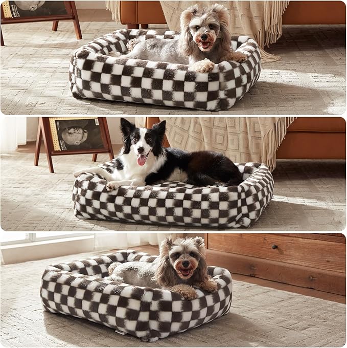 JOEJOY Small Dog Bed for Small Dogs, Removable Washable Cover Orthopedic Soft Faux Rabbit Fur Pet Bed, Anti-Slip Fluffy Plush Puppy Bed, 20"x19"x6", Checkered, Brown