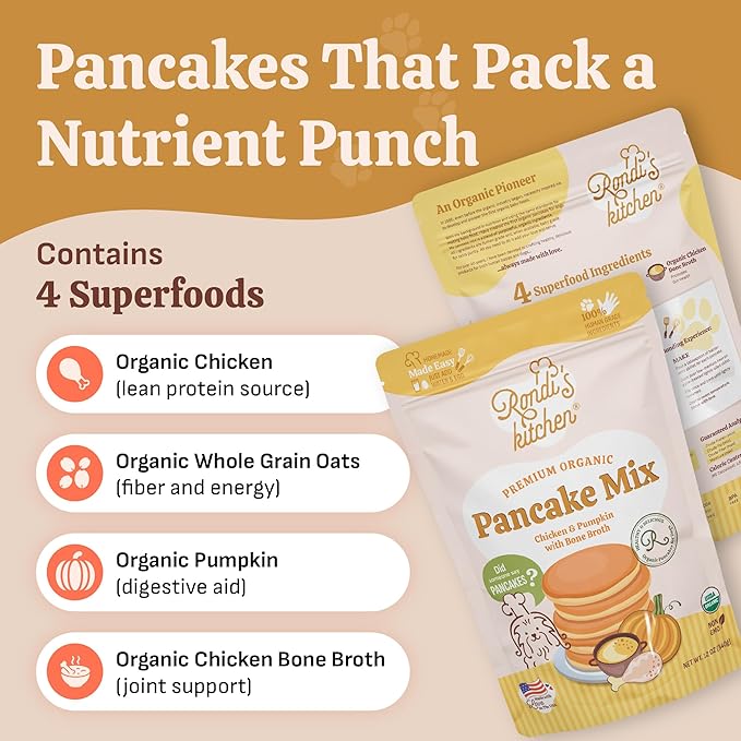 Rondi's Kitchen Organic Dog Pancake Mix - Natural Healthy Treat for All Dogs - Superfood Snack Made with Human-Grade Ingredients - Makes About 38 Pancakes - Chicken & Pumpkin with Bone Broth