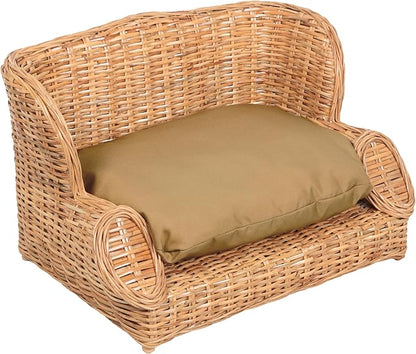 DBD1004B Handwoven Water Hyacinth Pet Daybed with Machine-Washable Cushion, 27.5" x 18" Wicker Sofa for Small to Medium Dogs and Cats, Vintage Style Elevated Pet Bed, Light Brown