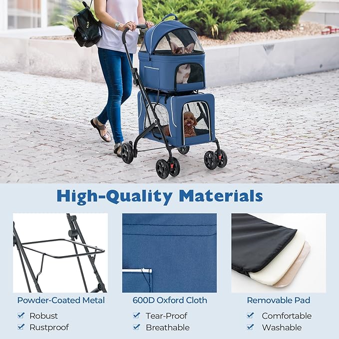 Pet Stroller with Detachable Carriers, Adjustable Cat Stroller for Small & Medium Pets, 4-in-1 Cat Carriers with Safety Belt and Lockable Wheels, Navy Blue