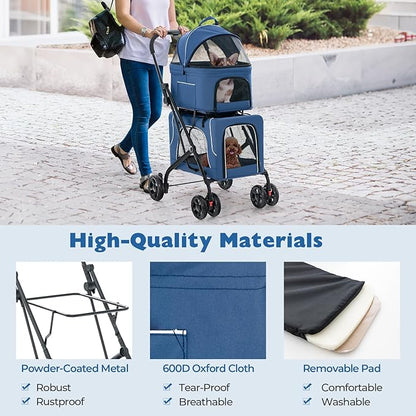 Pet Stroller with Detachable Carriers, Adjustable Cat Stroller for Small & Medium Pets, 4-in-1 Cat Carriers with Safety Belt and Lockable Wheels, Navy Blue