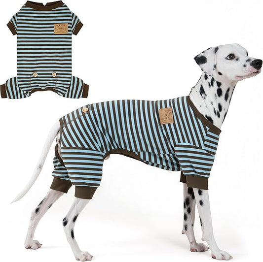KYEESE Dog Pajamas, Lightweight Warm Pet Clothes Pets Sleepwear, Soft Comfy Pet Onesie Dog Pajamas for Large Breeds, Stretchy Pets Jumpsuit Dogs PJS with 4 Legs, Blue Striped, 3XL