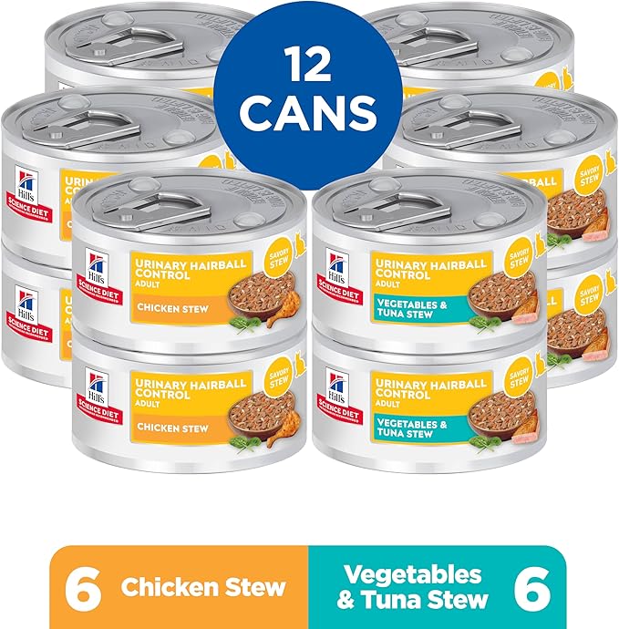 Hill's Science Diet Adult Urinary & Hairball Control Wet Cat Food Variety Pack, Chicken Stew, Vegetables & Tuna Stew, 2.9 oz. Cans, 12-Pack