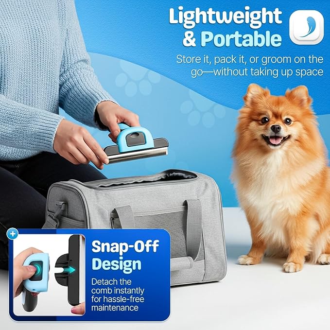 Flexzion Deshedding Dog Brush for Short Haired Dogs & Cats - Stainless Steel Dog Brush for Shedding Short Hair Pets Small, Medium, & Large - Professional Pet Grooming Comb Tool w/Safety Blade, Blue