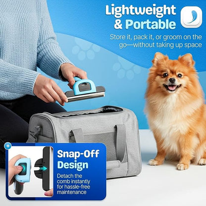 Flexzion Deshedding Dog Brush for Short Haired Dogs & Cats - Stainless Steel Dog Brush for Shedding Short Hair Pets Small, Medium, & Large - Professional Pet Grooming Comb Tool w/Safety Blade, Blue