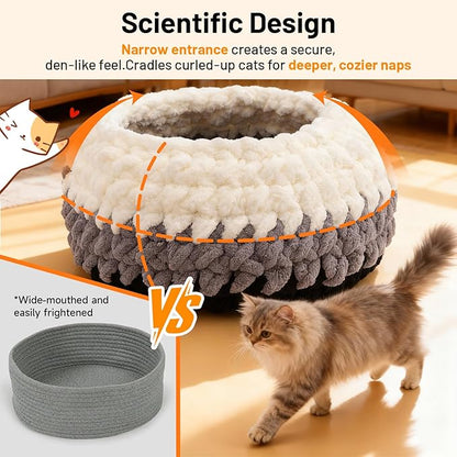 Handwoven Soft Cat Cave Bed, Indoor Cat Beds with Washable Round Nest, Kitten House & Cat Furniture, White & Gray