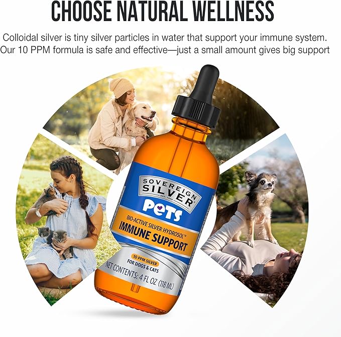 Sovereign Silver Pets Immune Support - Colloidal Silver, Bio-Active Silver Hydrosol, for Dogs and Cats 10 ppm, Liquid Dropper, 4 Fl Oz, (118 mL)