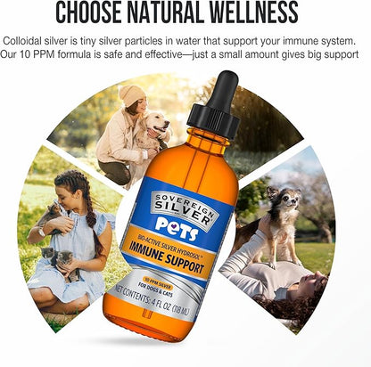 Sovereign Silver Pets Immune Support - Colloidal Silver, Bio-Active Silver Hydrosol, for Dogs and Cats 10 ppm, Liquid Dropper, 4 Fl Oz, (118 mL)