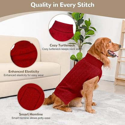 2 Pack Dog Sweaters for Large Dogs Winter Turtleneck Pullover Cable Knit Fleece Stretch Pitbull Labrador Golden Retriever Doberman Bulldog Boy Girl Pet Clothes (XXL, Red & Brown)