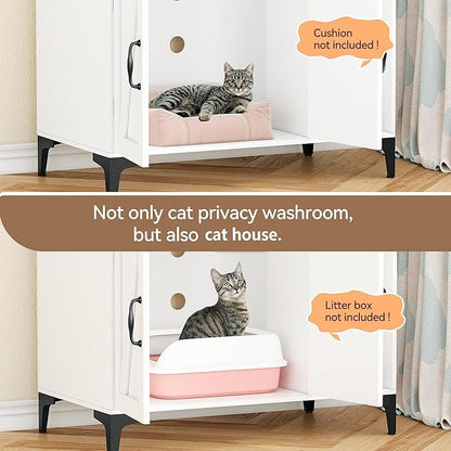 GarveeLife Cat Litter Box Enclosure with Shelves, Litter Box Cabinet, Hidden Cat Box Furniture with Scratching Mat, Wood Sturdy Cat Washroom Storage, Indoor Cat House, White