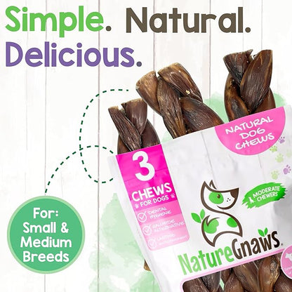 Nature Gnaws Braided Beef Chews for Dogs 5-6" (3 Count) - Long Lasting for Small and Medium Dogs - Natural Beef Gullet Jerky Dog Chew Treats