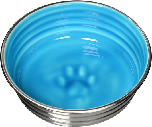 Loving Pets - Le BOL Dog Food Water Bowl Enamel Ceramic Bowl No Tip Stainless Steel Pet Bowl No Skid Spill Proof (Small, Seine Blue)