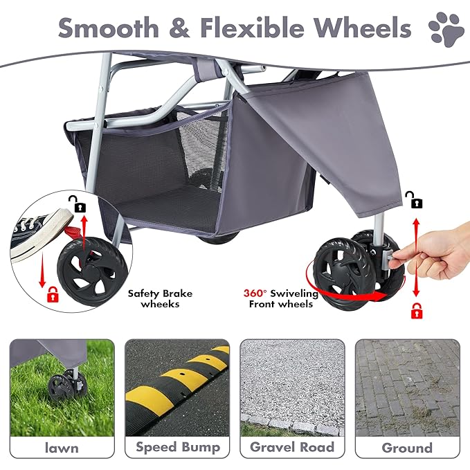 3 Wheel Pet Stroller for Dogs and Cats, Foldable, Lightweight and Durable, Ideal for Small to Medium Pets, Includes Storage Basket and Cup Holders