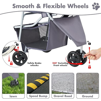 3 Wheel Pet Stroller for Dogs and Cats, Foldable, Lightweight and Durable, Ideal for Small to Medium Pets, Includes Storage Basket and Cup Holders