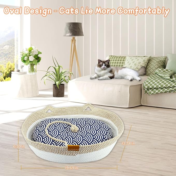 Pet Beds for Cats, Cat Beds for Indoor Cats 19.69"×13.78"×6.30",Cotton Rope Oval Cat Bed for All Seasons (with Cooler Straw Mat and Cotton Mat Both), Suitable for cats＆dogs (Yellow-white, Small)