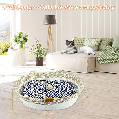 Pet Beds for Cats, Cat Beds for Indoor Cats 19.69"×13.78"×6.30",Cotton Rope Oval Cat Bed for All Seasons (with Cooler Straw Mat and Cotton Mat Both), Suitable for cats＆dogs (Yellow-white, Small)