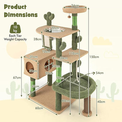 PETSITE 59 inch Cactus Cat Tree Tower, Multi-Level Cat Tower with Sisal Scratching Posts, Board and Rope, Cat Condo, Capsule Bed, Hanging Ball and Self Groomer, Cute Cat Tree for Indoor Cats