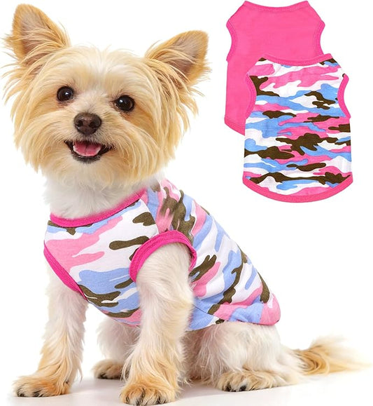 2 Pack Dog Shirts for Small Dogs Girl Boy Camouflage Puppy Clothes Pet T Shirts Dog Clothes for Small Dogs Cats Apparel (Pink Camouflage + Solid Color, Small)