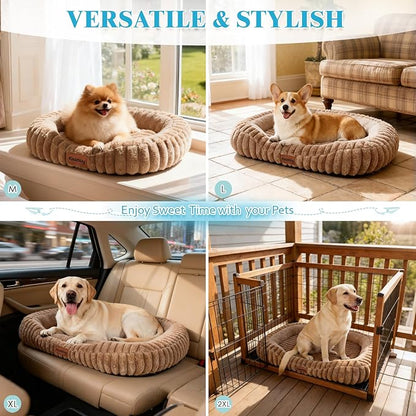 Orthopedic Dog Bed for Large Dogs, Comfort-Sided Calming Pet Bed with Breathable Memory Foam, Plush Faux Rabbit Fur & Non-Slip Bottom, Machine Washable with Carry Handle, 35"x27"x5.5", Brown