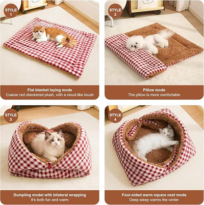 Jiupety Cat Bed for Indoor Self Warming Cat Bed Mat Ultra-Soft Plaid Dog Beds Machine Washable Pet Bed,Multifunction Folding Pet Blanket for Small Dogs and Cats Red,33X25In