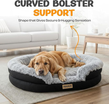 Fluffy Orthopedic Jumbo Dog Bed for Extra Large Dogs, Calming Plush Sofa Bed with Curved Bolster Support, 48" Cozy Oval Pet Donut Bed with Washable Cover, Gray