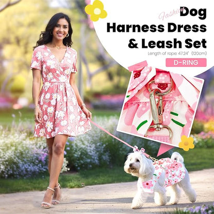 ABRRLO Cute Dog Dress Small Dog Clothes For Girls Female Puppy Outfit Pink Floral Pet Summer Clothes Bowknot Doggy Cat Princess Dress Harness Set for Holiday Birthday Party Costume Clothing (Pink,XXL)