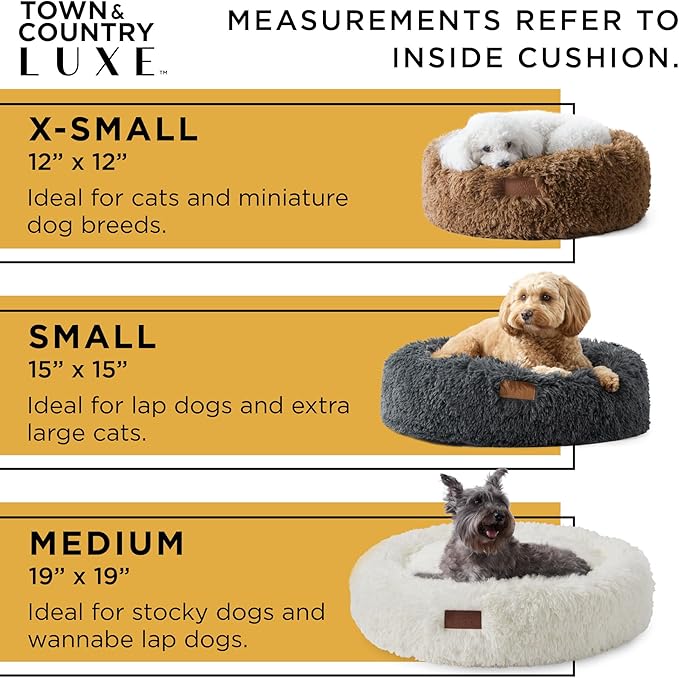 Town & Country Luxe CuddleTown Fuzzy Solid Donut Pet Bed, Soft, Cozy & Calming, Non-Slip Bottom, 100% Machine Washable, Brown, XS 19"x19"x7" Round