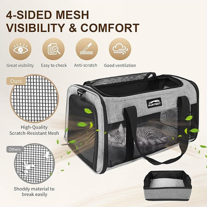 TSA Approved Pet Carrier for Small Cats and Puppies, Soft-Sided and Foldable, Cat and Dog Carrier Fits Pets Up to 15 lbs, Durable Portable Travel Bag with Litter Box (Gray, Litter Box & Leash Set)