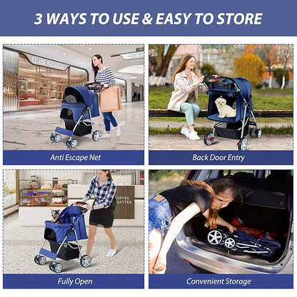 Unisakey 4 Wheels Pet Stroller for Small Medium Dogs Cats 10-33 lbs, Foldable Dog and Cat Stroller with Cup Holder & Storage Basket & Breathable Mesh, Pet Strolling Cart for All-Season, Navy Blue