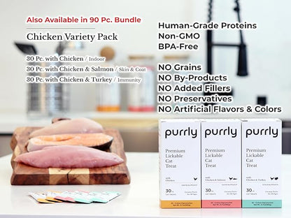 Purrly Lickable Wet Cat Treats Healthy Grain-Free Chicken Variety Pack (18 Count) Squeezable Creamy Purée with Human-Grade Protein Functional Nutrients Non-GMO No-Artificial-Additives Low-Phosphorus