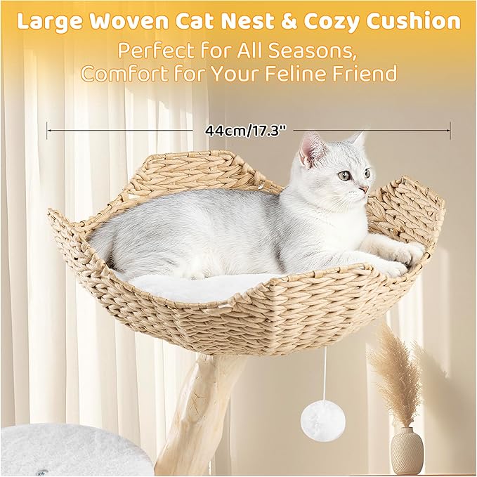 COSIEST 30.7" Modern Cat Tree for Indoor Cats, Sturdy Cat Tower with Scratching Post, Hanging Balls & MGO Trunks, Cat Condo with Woven Basket, Cute Aesthetic Cat Tree for Cats & Kittens, White